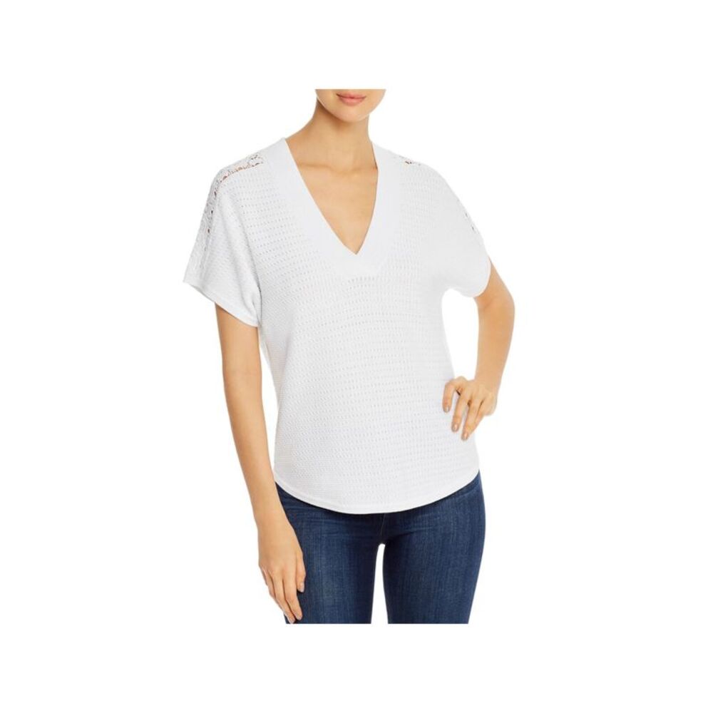 DESIGN HISTORY Womens Stretch Ribbed Crotchet-inset Short Sleeve V Neck Top